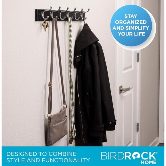 Wall Mount Oval Black Pine Wood Satin Nickel Hook Coat & Hat Rack 12 hooks Set 2 - Picture 7 of 8